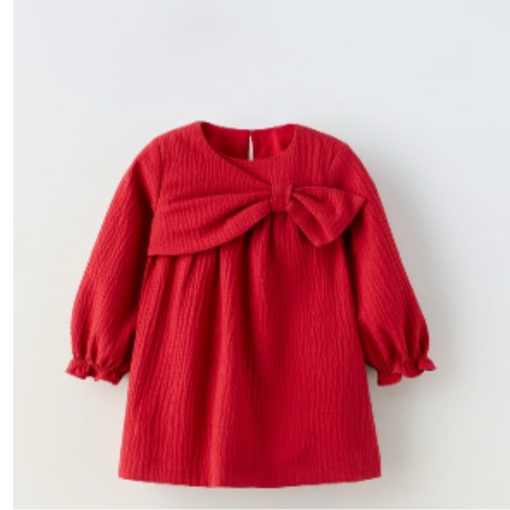Zara Red Textured Dress with Bow